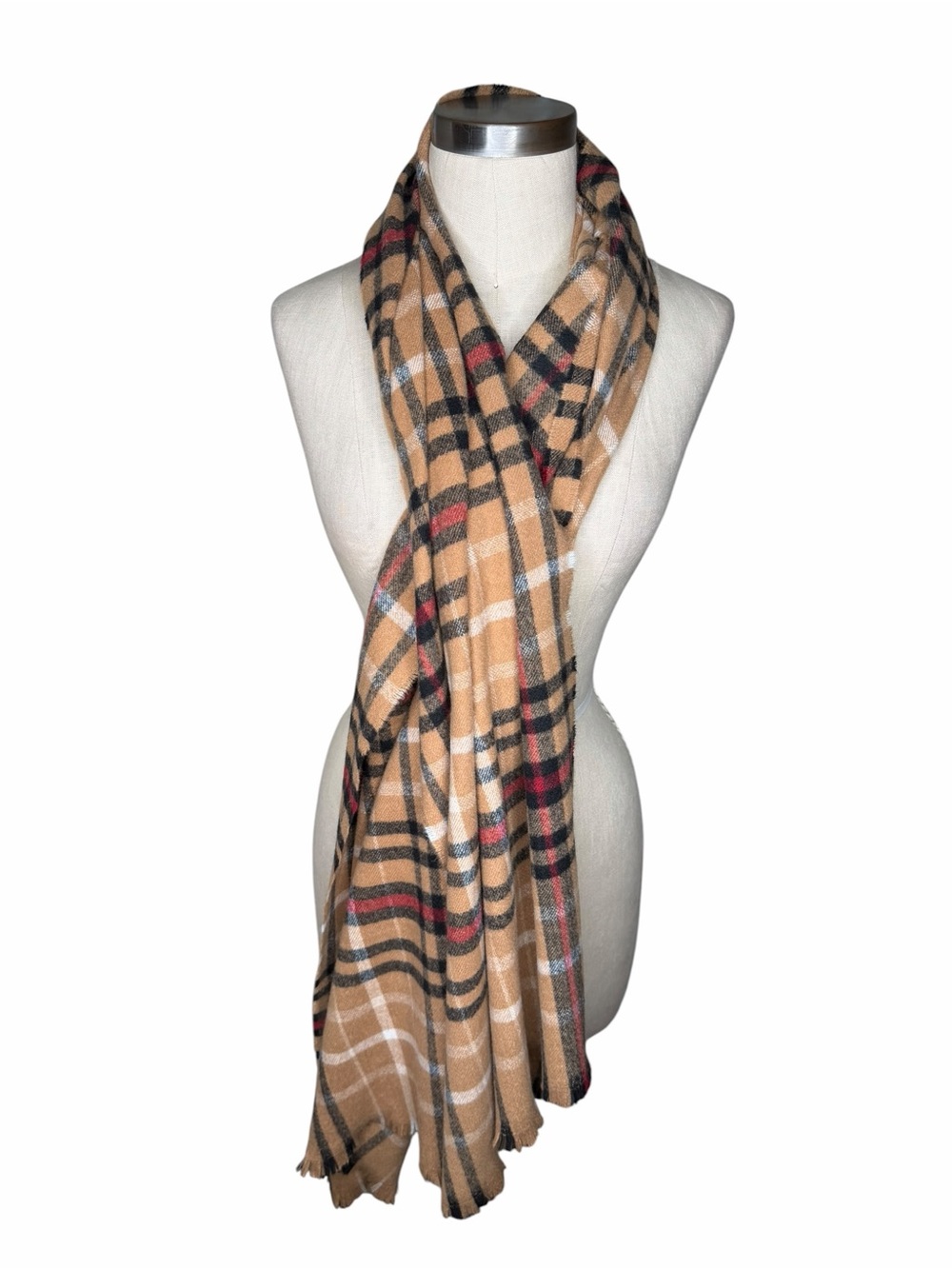 BANANA REPUBLIC FACTORY Camel Plaid Fringe Wrap Scarf with Black & Red Checks